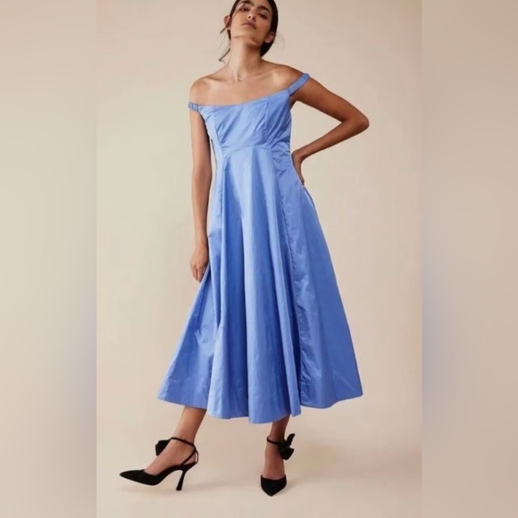FREE PEOPLE Alinda Blue Off the Shoulder Midi Dress Pockets size 4 NWT $228.00 - Picture 2 of 9